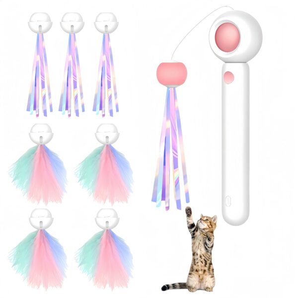 Retractable Cat Teaser Wand Toy and Feather Refills Toy with Laser for Indoor Cats - Interactive Cat Toys (Pink)