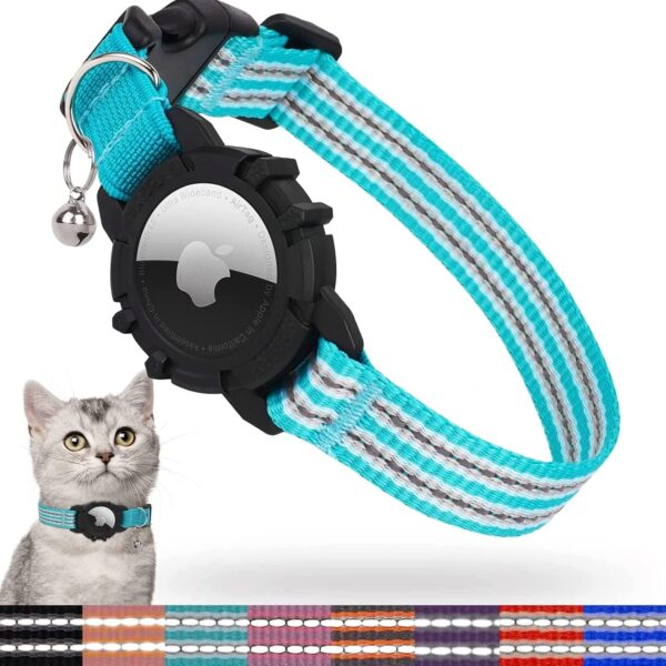 Reflective AirTag Cat Collar, Integrated Kitten Collar with Apple Air Tag Holder, Lightweight Cat Tracker Collars with Bell, Fits for Girl Boy Cats, Kittens and Puppies (Teal, S)