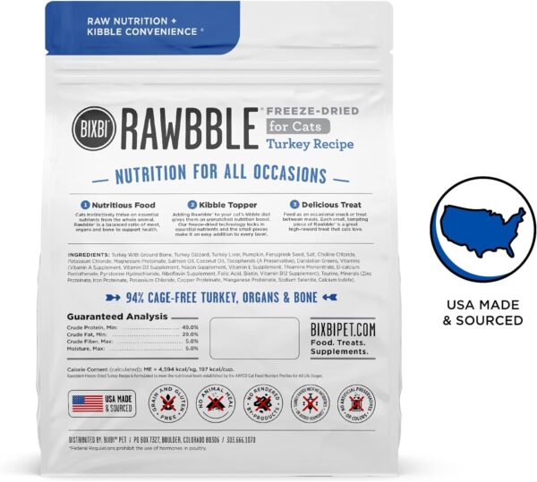 BIXBI Rawbble Freeze Dried Cat Food, Turkey Recipe, 3.5 oz - 94% Meat and Organs, No Fillers - Pantry-Friendly Raw Cat Food for Meal, Treat or Food Topper - USA Made in Small Batches - Image 2