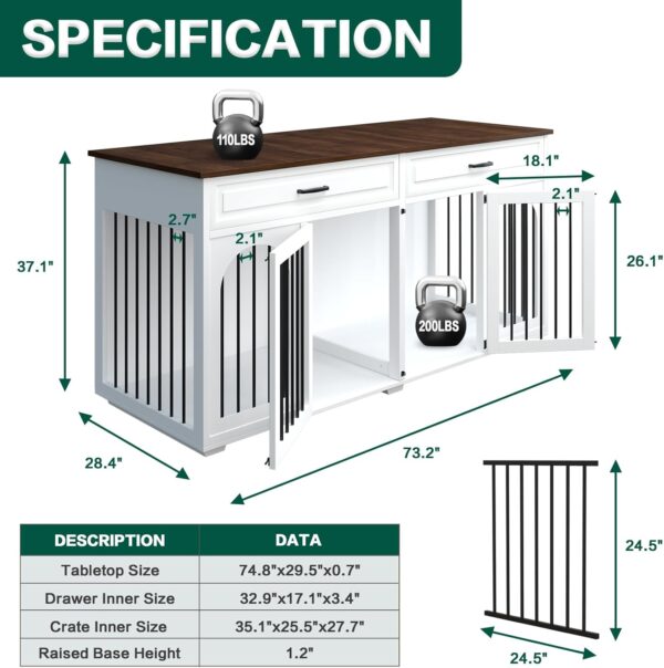 Double Dog Crate Furniture,74.8 Inch Dog Crate Kennel Furniture for 2 Large Breed Dogs,Heavy Duty Wooden Dog Crate with Divider&2 Drawers,White - Image 2