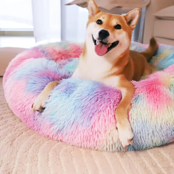 Patas Lague Calming Dog Bed for Small Dogs, Fluffy Soft Cozy Cat Bed, Faux Fur Anti-Anxiety Plush Donut Cuddler, Washable Pet Bed for All Seasons (20 in, Mixed Rainbow) - Image 4