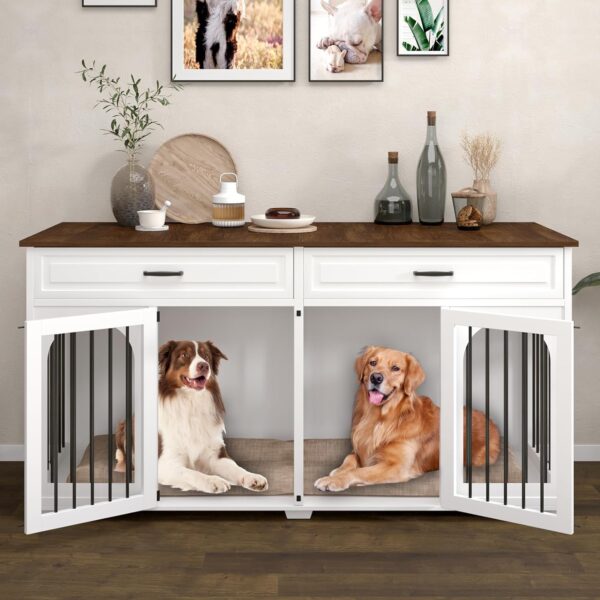 Double Dog Crate Furniture,74.8 Inch Dog Crate Kennel Furniture for 2 Large Breed Dogs,Heavy Duty Wooden Dog Crate with Divider&2 Drawers,White