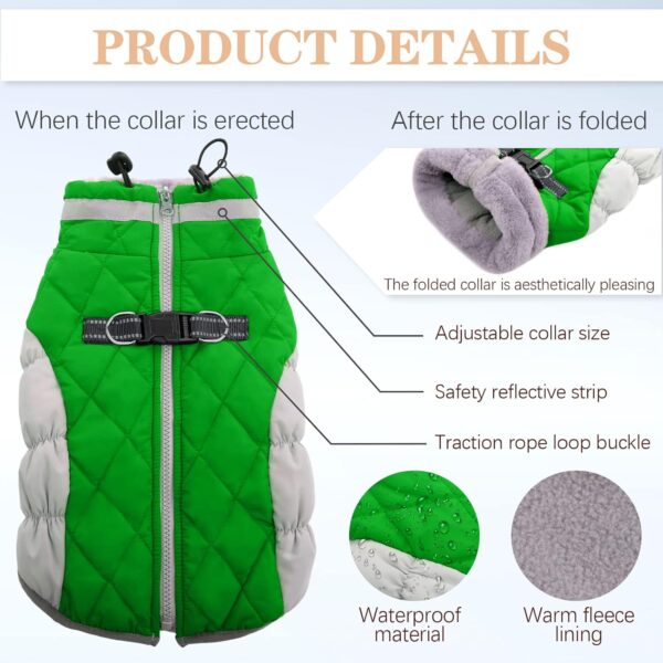 Dog Coat, Fleece Dog Vest with Harness Built in, Dog Cold Weather Coats, Dog Snowsuit Waterproof, Dog Coats for Small Dogs, Dog Winter Jacket Windproof, Dog Puffer Jacket Green XS - Image 2