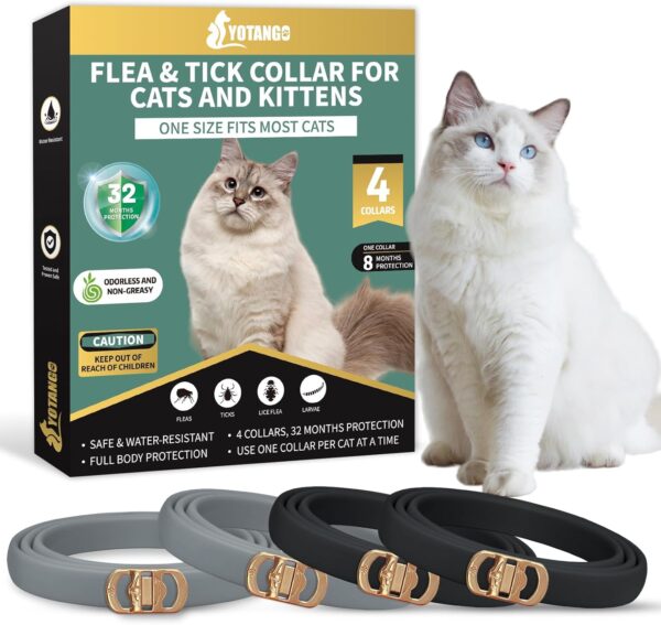 4 Pack Flea Collar for Cats, 32 Months Flea and Tick Prevention for Cats, Waterproof Cat Flea Collar, Cat Flea and Tick Treatment, Adjustable Flea and Tick Collar for Cats Kittens-Black&Gray