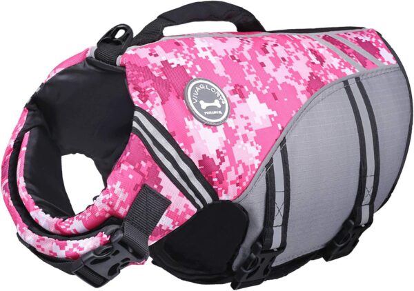 VIVAGLORY Sports Style Dog Life Jacket with Adjustable & Durable, Extra Flotation Swim Life Vest with Secure Fastening System for Large Dogs, Camo Pink