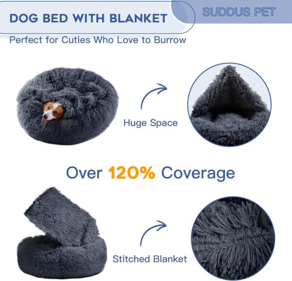 suddus Anti Anxiety Dog Bed with Blanket Attached, Hooded Dog Bed for Medium Dogs, Round Soft Fluffy Donut Snuggle Dog Bed, Washable, Drak Grey, 26" - Image 2