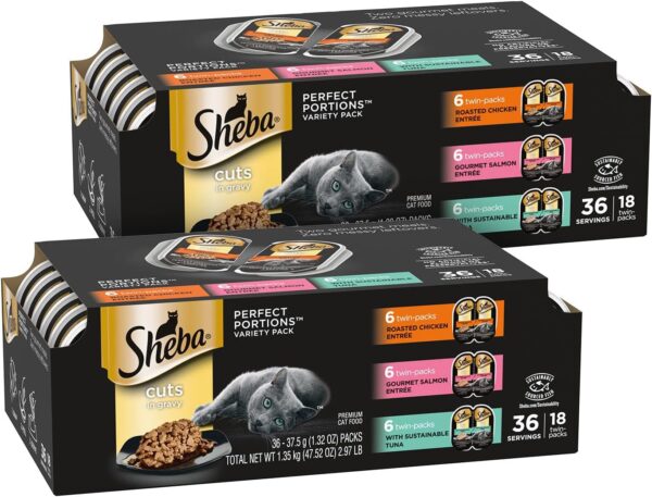 SHEBA PERFECT PORTIONS Cuts in Gravy Adult Wet Cat Food Trays, Roasted Chicken, Gourmet Salmon, and Sustainable Tuna Entrée, Easy Peel Twin-Pack - 18 Count (Pack of 2)