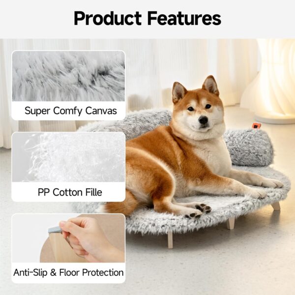 Dog Bed with Removable Washable Cover, Elevated Dog Couch for Cats & Medium Dogs, Wooden Pet Sofa Modern Pet Furniture (L-Plush Grey) - Image 2