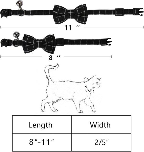 SLSON 2 Pack Breakaway Cat Collar with Bell and Bow Tie Plaid Kitten Collar for Cats and Small Dogs Pets Adjustable from 8-11In, Black and Grey - Image 3