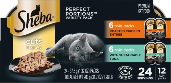 SHEBA PERFECT PORTIONS Cuts in Gravy Wet Cat Food Trays (12 Count, 24 Servings), Signature Tuna and Roasted Chicken Entrée, Easy Peel Twin-Pack Trays