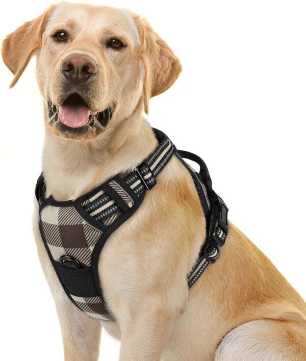 rabbitgoo Dog Harness for Large Dogs No Pull, Comfortable Padded Plaid Dog Harness with Handle Easy Control, Adjustable Reflective Puppy Pet Harness Vest with 2 Leash Clips, Brown Plaid, L