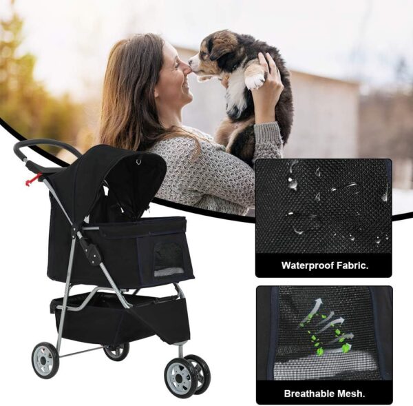 BestPet 3 Wheels Pet Stroller Dog Cat Cage Jogger Stroller for Medium Small Dogs Cats Travel Folding Carrier Waterproof Puppy Stroller with Cup Holder & Removable Liner,Black - Image 3