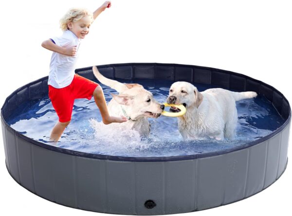 Dog Pool - Dog Pools for Large Dogs, Pet Pool Hard Plastic, Foldable Pool for Dogs Cats and Kids (63inch.D x 12inch.H, Grey)