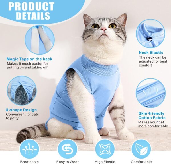 Idepet Cat Surgery Recovery Suit Kitten Onesie for Cats After Surgery Female Breathable Kitty Spay Suit for Abdominal Wound Skin Diseases E-Collar Alternative Wear(Blue,S) - Image 3