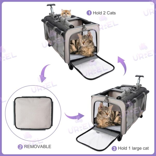 Double Compartment Pet Rolling Cat Carrier with Wheels - Large Capacity Soft-Sided Carriers for Cats and Puppies - Detachable Travel Carrier with Breathable Mesh Windows (Off-White) - Image 4