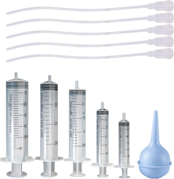 11 Pcs Puppy Kitten Feeding Tube Kit, Pet Feeding Supplies Kit Includes 5 Pcs Kitten Feeding Syringe 5 ML 10 ML 20 ML 30 ML 60 ML 5 Pcs 8 FR Transparently Feeding Tubes, Bulb Syringe for Small Animals