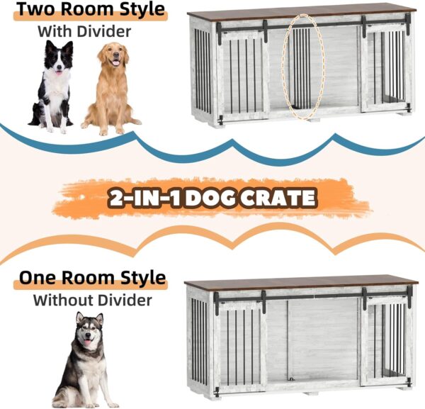 EBE Dog Crate Furniture, 63''Wooden Dog Kennel with Removable Divider and Sliding Door, Dog Crate with Double Rooms, Heavy Duty Dog Crate Table Indoor TV Stand for Small Medium Large Dogs - Image 5