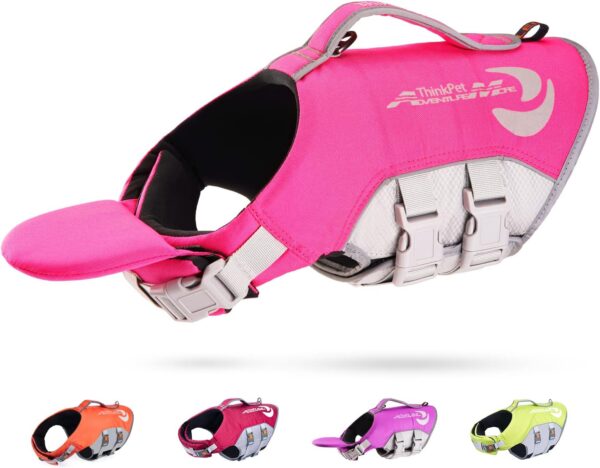 ThinkPet Dog Life Jacket, Reflective Lifesaver with Rescue Handle, Adjustable Floating Vest,High Buoyancy Aid Dog Saver Medium Pink