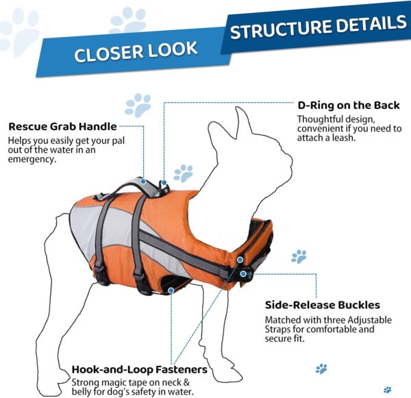 KOESON Ripstop Dog Life Jacket, Dog Life Vest with Superior Buoyancy Pet Swimming Safety Vest with Rescue Handle, Dog Float Coat Dog Life Preserver Lifesaver for Small Medium Large Dogs Orange XS - Image 4