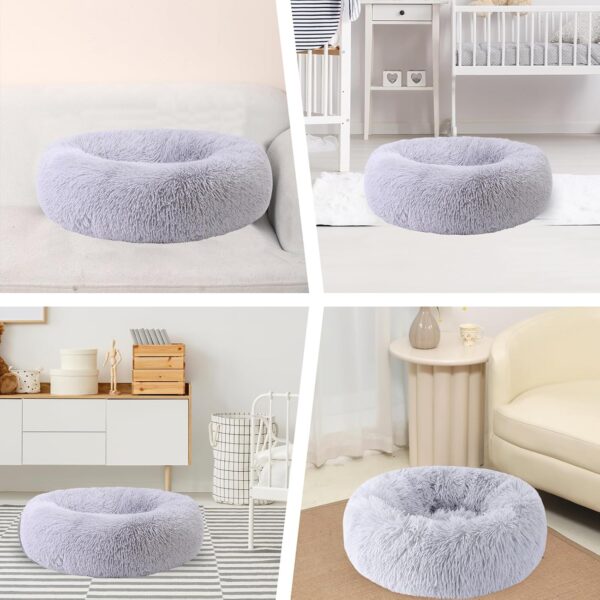 Calming Dog Bed, Pet Beds for Small Dogs, Cat Beds for Indoor Cats, Fluffy Faux Fur Plush Small Dog Bed, Washable Puppy Bed with Anti-Slip Bottom, Dog Bed Medium Size Dog Light Gray, 17 Inch - Image 7