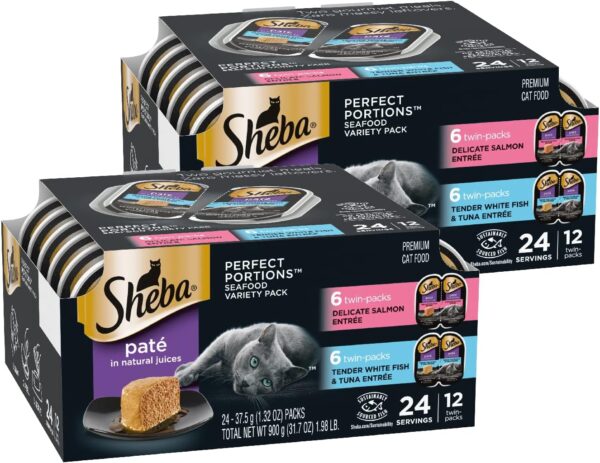 SHEBA PERFECT PORTIONS Cuts in Gravy Adult Wet Cat Food Tray, Delicate Salmon and Tender Whitefish & Tuna Entrée, Twin-Pack - 12 Count (Pack of 2)