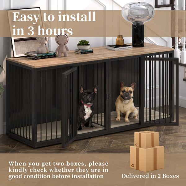 Large Dog Crate Furniture for 2 Dogs, 71.6'' Steel Frame Dog Crate with Double Doors, Heavy Sturdy Dog Kennel for Small Medium Large Dog, Indoor Double Dog Cage (Black) - Image 4