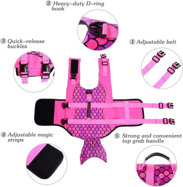 ASENKU Dog Life Jacket Pet Life Safety Vest for Swimming Boating, Dog Shark Life Jackets Dog Lifesavers Swimsuits for Pool, Dog Water Floatation Vest for Small Medium Large Dogs, Mermaid Pink, Small - Image 3