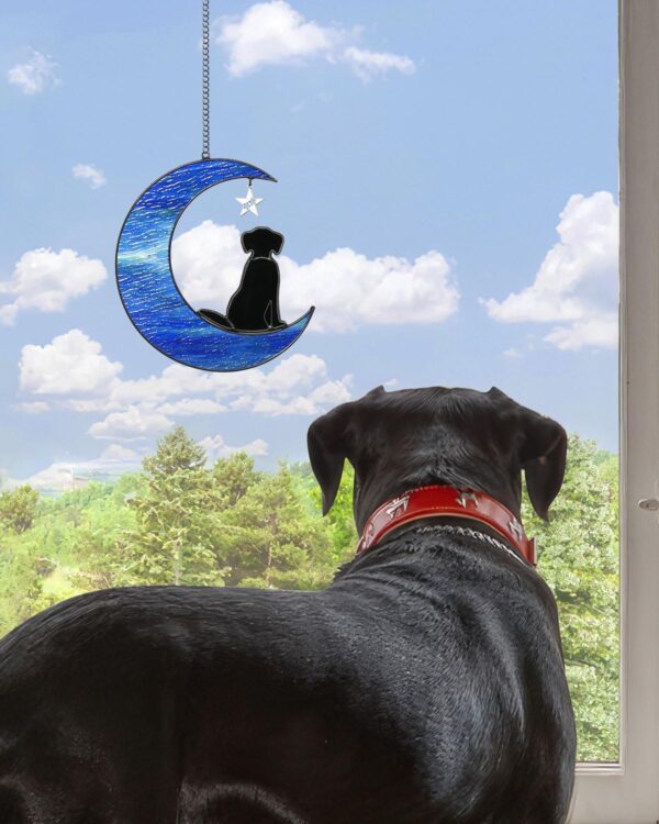 Dog on Moon Suncatchers, Stained Glass Window Hanging Black Dog Ornament Dog Memorial Gifts for Dog Lovers, Stained Glass Dog Decor Suncatchers for Windows Hanging to Remember Loved Dog - Image 2