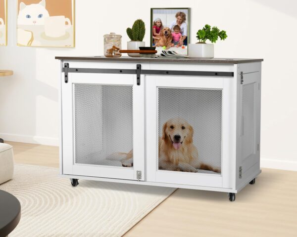 LINLUX 40 Inch Dog Crate Furniture, Wooden Heavy Duty Dog Kennel Indoor, Decorative Dog Cage Table for Large Medium Dogs, with Sliding Doors, Wheels and Flip-top Plate, White