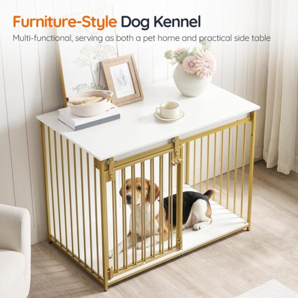 HOOBRO Dog Crate Furniture, 39.4" Heavy Duty Dog Kennel with Sliding Barn Door, Decorative Dog Crate Indoor, End Side Table for Small/Medium Dog, White and Gold DW162GW03 - Image 4