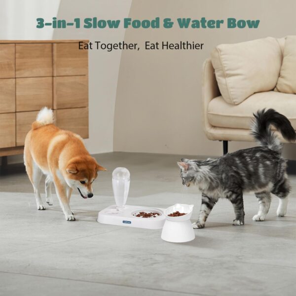 Nobleza 3-in-1 Slow Pet Feeder Bowl Bottle Set, Automatic Pet Dispenser Treat Food & Water Bowl with 15° No Spill Tilted Raised Bowl for Cat Dog Small Medium Pet Kitten Puppy Bunny Healthy Food Water - Image 4