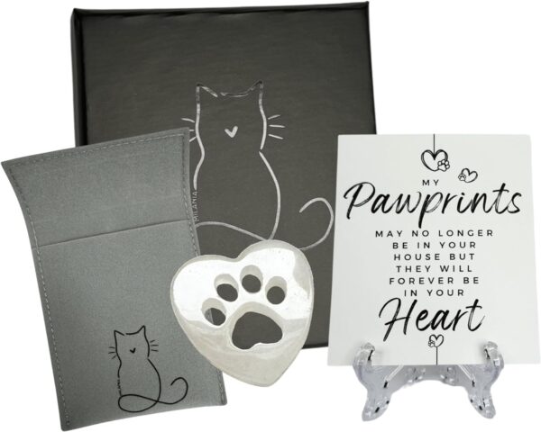 Cat Memorial Gift Box Crystal Remembrance Stones Pawprints on Our Hearts + Poem Sympathy Card Cat for Pet Loss Cat (White Quartz)