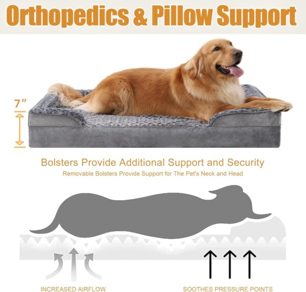 KSIIA Orthopedic Dog Beds Large Sized Dog Couch Waterproof Dog Bed Washable Dog Bed Egg Foam Pet Bed with Removable Bolster & Nonskid Bottom Large Dog Bed Sofa 36 x 27 x 6 Inch, Grey - Image 3