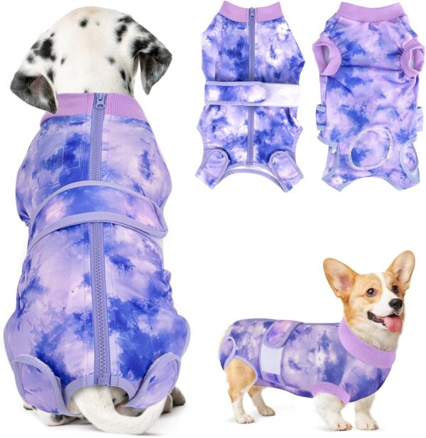 SlowTon Dog Surgery Recovery Suit - Zipper On Dog Onesies After Surgery for Female Male Dog, Abdominal Wounds Bandages Cone/E-Collar Alternative Dog Surgical Body Suit Shirt (Purple - Tie Dye,L)