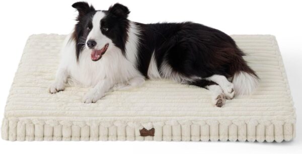 Bedsure Orthopedic Dog Bed for Large Dogs, Cute Waterproof Egg Foam Dog Beds with Removable Cover, Corduroy Fleece Comfort Furry Dog Mats for Indoor Dogs (36x27, Cream)