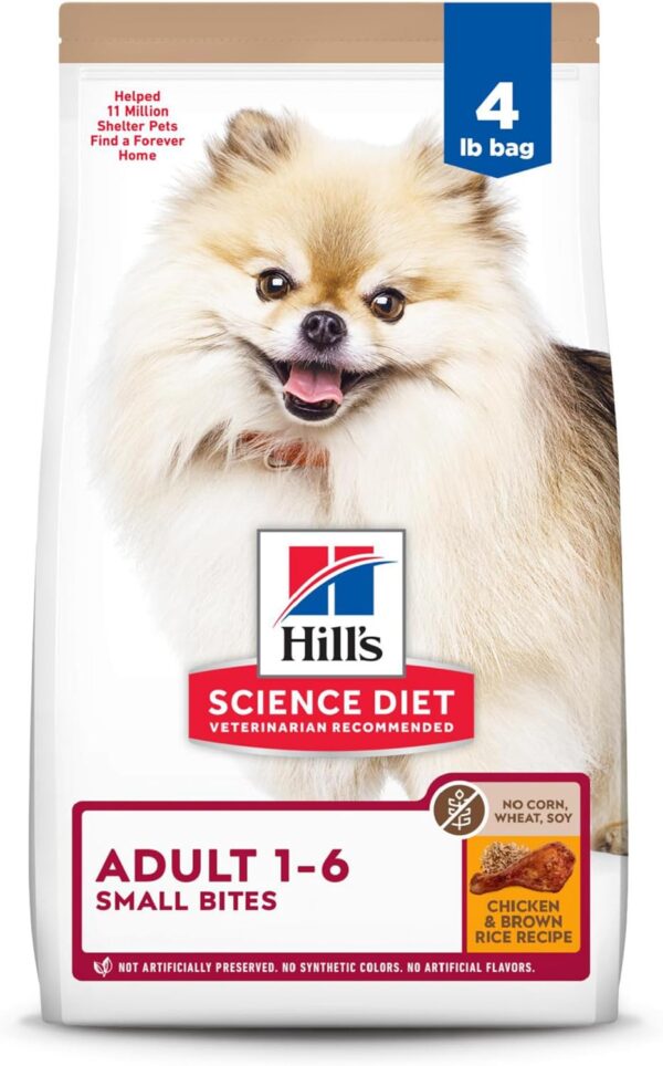 Hill's Science Diet Adult 1-6, Adult 1-6 Premium Nutrition, Small Kibble, Dry Dog Food, No Corn, Wheat, Soy Chicken & Brown Rice, 4 lb Bag