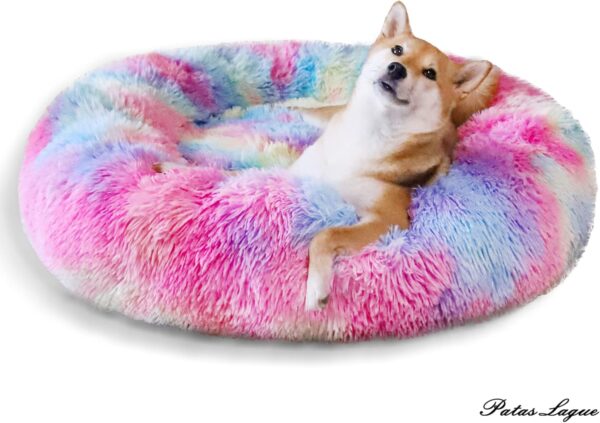 Patas Lague Calming Dog Bed for Small Dogs, Fluffy Soft Cozy Cat Bed, Faux Fur Anti-Anxiety Plush Donut Cuddler, Washable Pet Bed for All Seasons (20 in, Mixed Rainbow) - Image 2