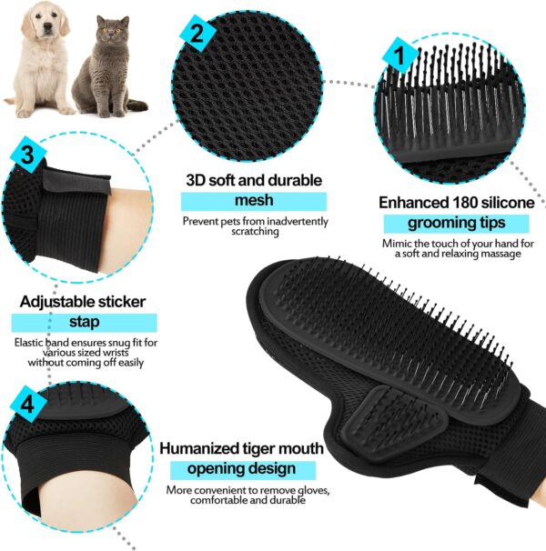 2024 Pet Grooming Glove with Tipped Pin Brush,Special Design Deshedding Glove, Massage Mitt, Perfect Petting Tool for Sensitive Dogs & Cats with Long & Medium Fur - Right-Hand - Black - Image 2