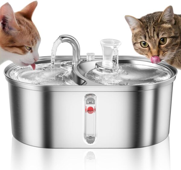 Stainless Steel Cat Water Fountain, 101oz/3L Pet Water Fountain for Cats Inside, Two Faucets Cat and Dog Water Fountain, with Quiet Pump and Replacement Filters, No Sputter, Easy Cleaning