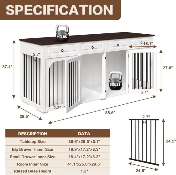 86.6" Extra Large Dog Crate Furniture for Large Breeds,XXXL Wooden Double Dog Crates Kennel Cage Furniture Style TV Stand Side End Table for 2 Dogs with Divider Locks and 4 Drawers,White - Image 2