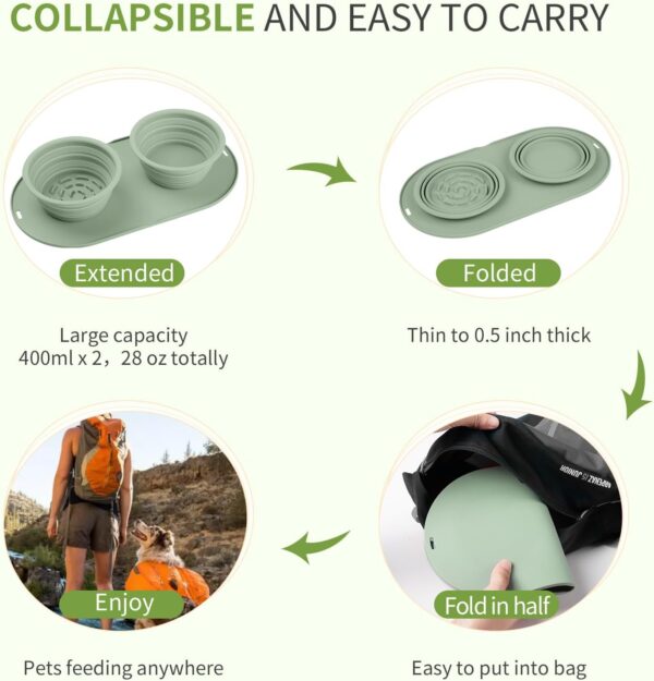 Puppy Dog Bowl,Travel Bowls Dog Food Bowls&Dog Water Bowls,No Spills,Collapsible Double Bowl,Suitable for Small and Medium Sized Dogs(Green) - Image 3