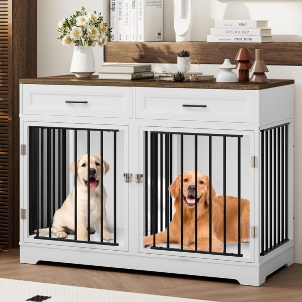 Dog Crate Furniture 47" Wooden Dog Kennels for Dogs Indoor with a Removable Divider for Large/Medium/Small Dogs, 2 Storage Drawers and Large Tabletop Dog Cages Double Doors Dog House, White