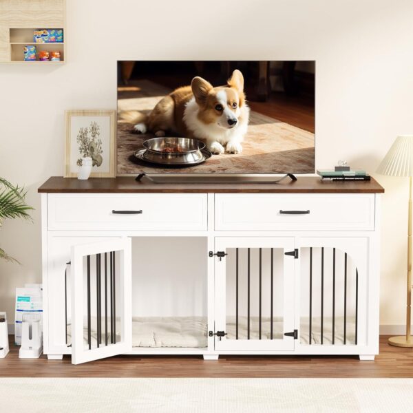 EBE Dog Crate Furniture, 63''Wooden Dog Kennel with 2 Drawers and Removable Divider, Heavy Duty Dog Crate Indoor Furniture with Double Rooms, Dog Crate Table Indoor TV Stand for Small Medium Dog - Image 7