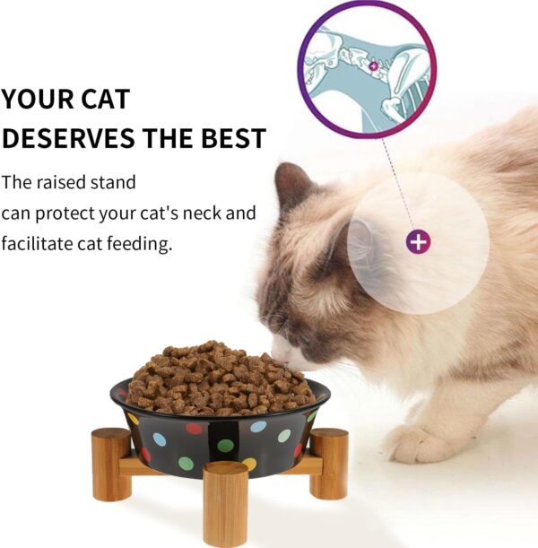 Black Elevated Ceramic Cat Food Bowl - Raised Breed Dish with Wooden Stand for Indoor Cats, Small Puppy, and Rabbit, Cute Feeding & Watering Lifted Tray, Small Size Dog Feed Water Holder - Image 2