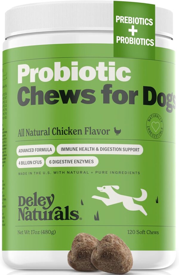 Deley Naturals Probiotics for Dogs - 120 Grain Free Chicken Soft Chews - 4 Billion CFU's, Digestive Enzymes, Prebiotics - Dog Allergies, Diarrhea, Bad Dog Breath, Constipation, Gas, Yeast- Made in USA