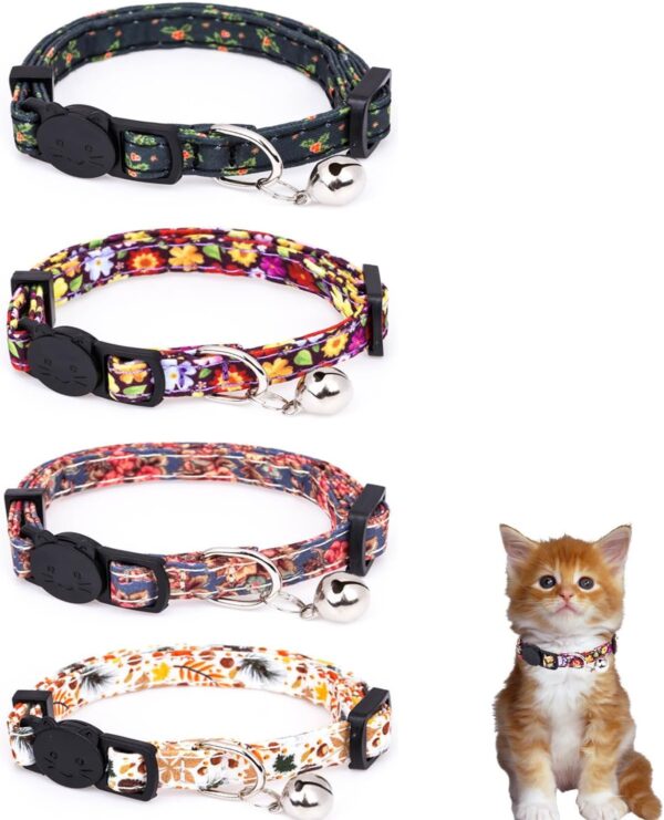 4 Pack Cotton Breakaway Cat Collar with Bell,Safety Adjustable Cat Collars Set with Flower Pattern,Ideal for Girl Cats Boy Cats