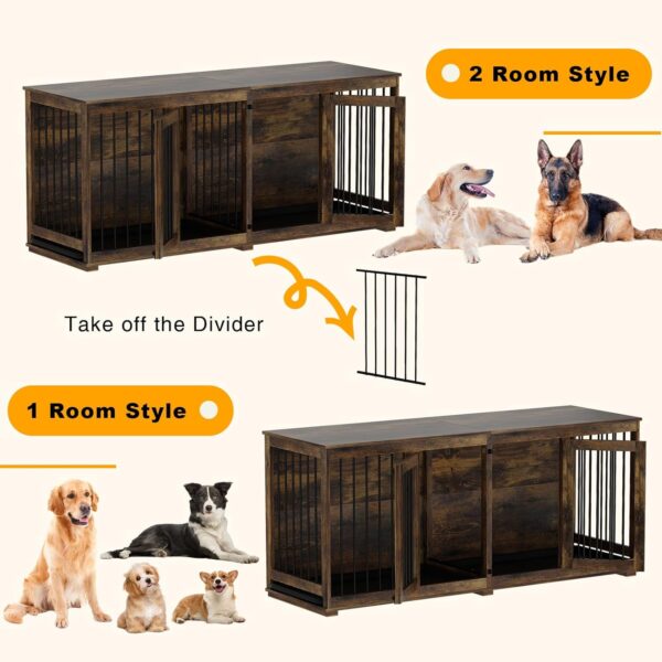 Large Funiture Style Dog Crate for 2 Dogs, 70" Wooden Dog Kennel Furniture with Removable Divider & 2 Trays, Indoor Heavy Duty Dog House w/Double Rooms for Large Medium Dogs, Brown - Image 3