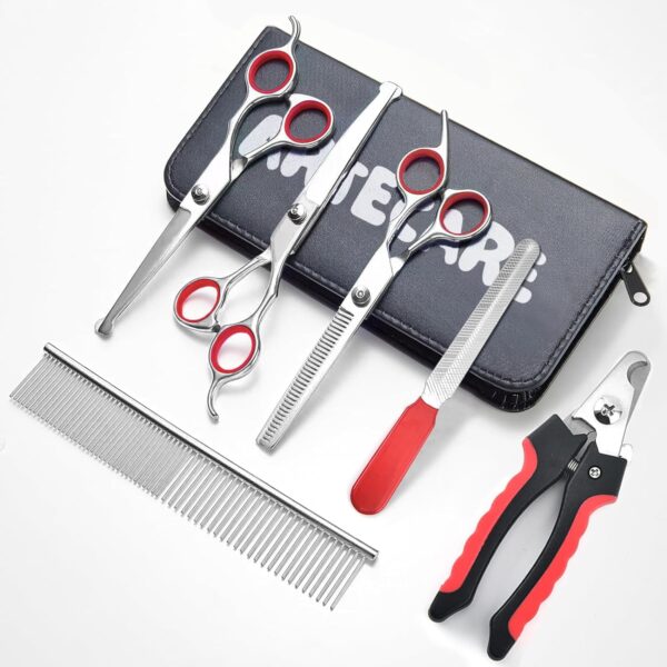 Multifunctional 7 in 1 Dog Grooming Scissors with Safety Round Tip, Stainless Steel Grooming Kit with Titanium Coating for Dogs and Cats at Home