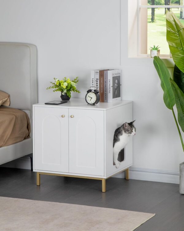 Cat Litter Box Enclosure, Hidden Litter Box Furniture, Wooden Pet House Side End Table, Storage Cabinet Bench, Fit Most Cat and Litter Box, Living Room, Bedroom, White and Gold CB81203G - Image 2