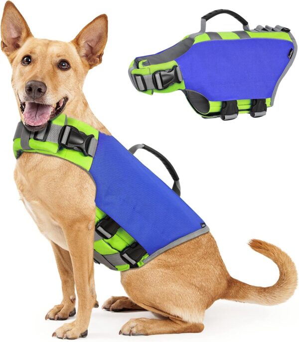 Dog Life Jacket, Life Jacket for Dogs with High Buoyancy Rescue Handle, Adjustable Ripstop Safety Vest Float Lifesaver Vest Reflective Stripes for Swimming Boating Dogs, Large Size, Dark Blue